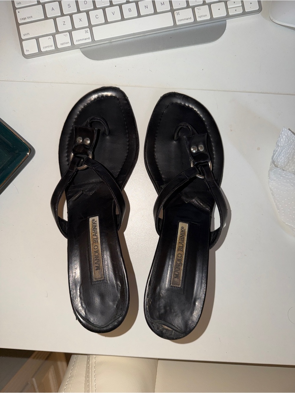 Manolo Blahnik Black Leather Thong Sandals with Toe Loop